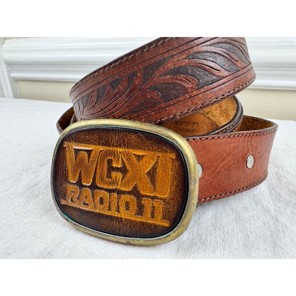 Vintage Leather Western Tooled Belt Beaded Brown Mens 40" Brass & Leather Buckle